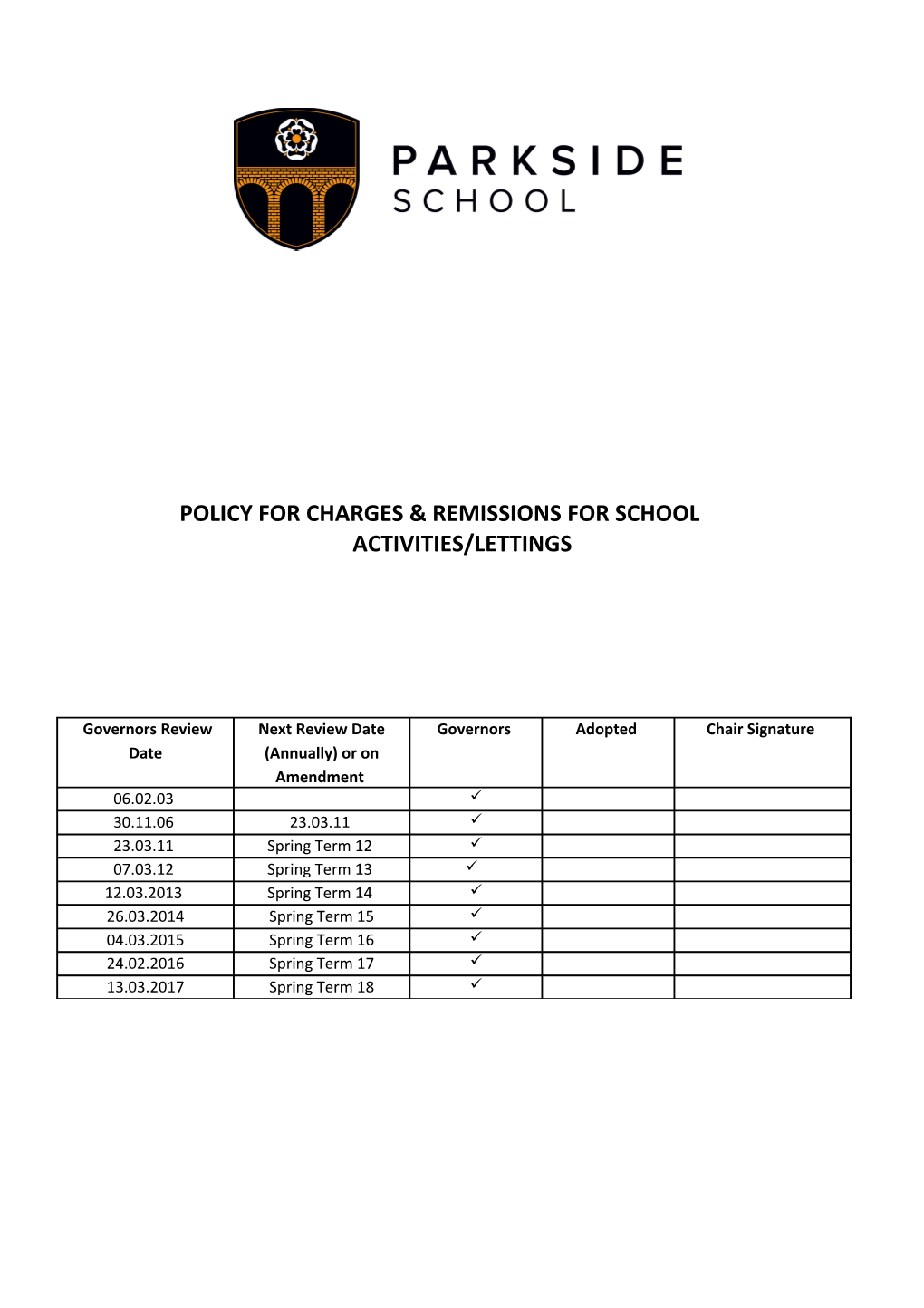 Parkside Policy for Charges & Remissions for School Activities/Lettings