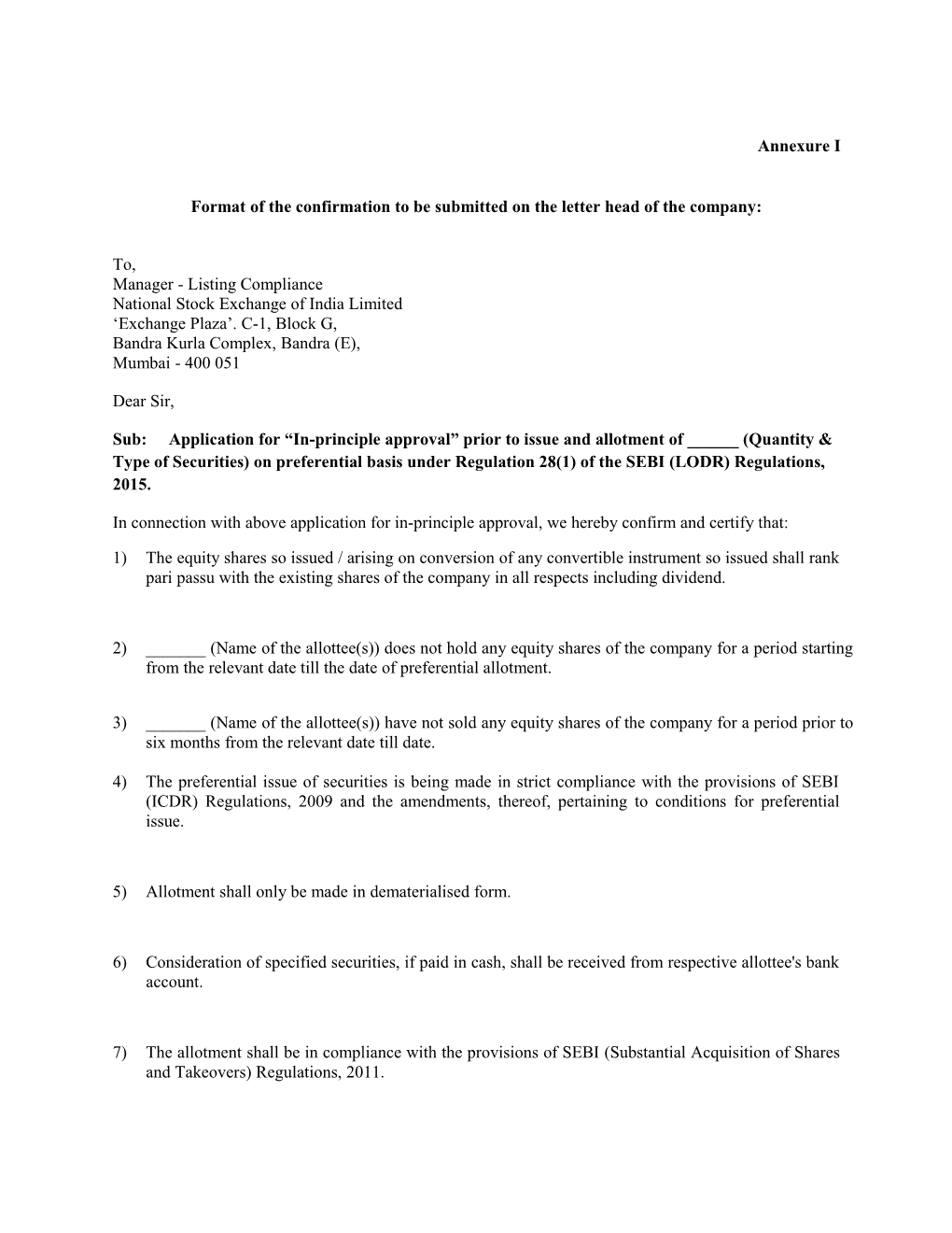 Format of the Confirmation to Be Submitted on the Letter Head of the Company