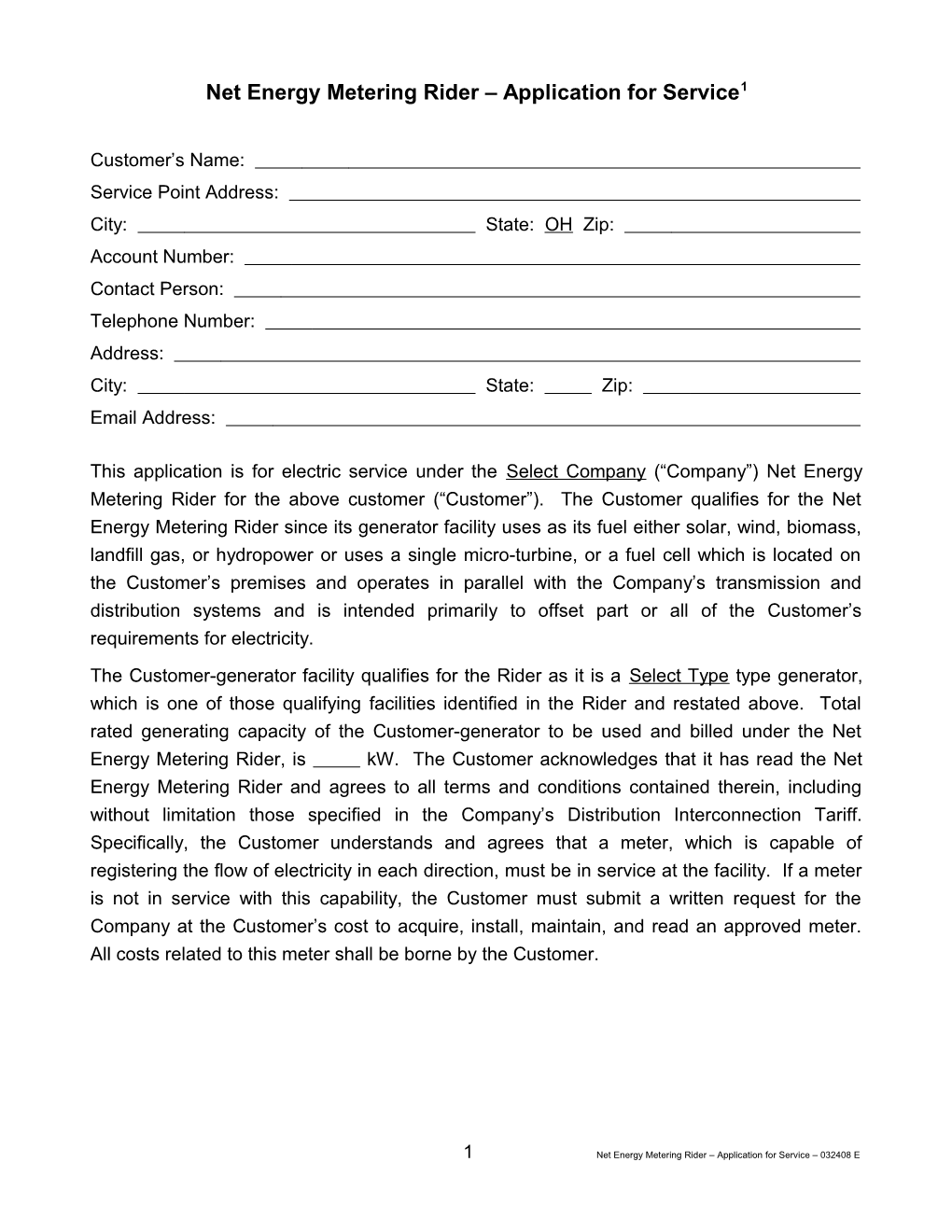 Net Energy Metering Rider Application for Service