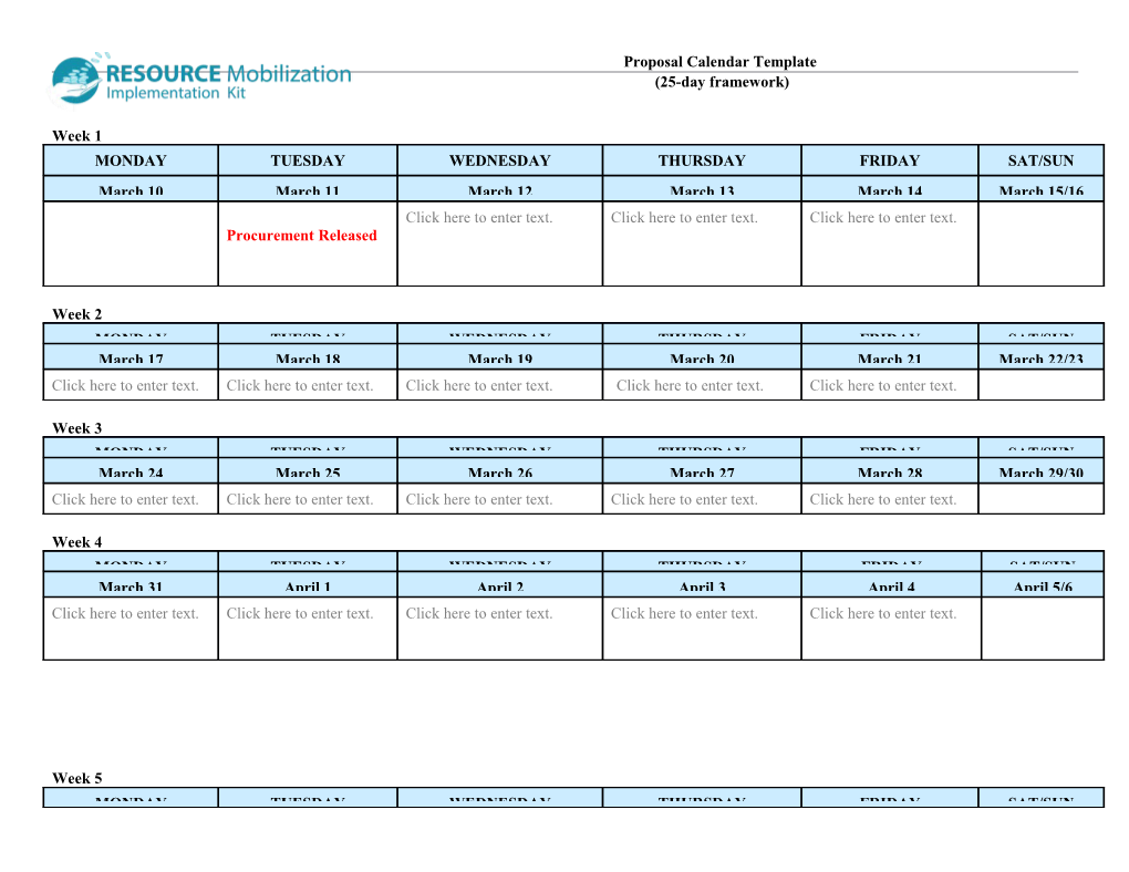 Sample Proposal Calendar (4 Weeks)