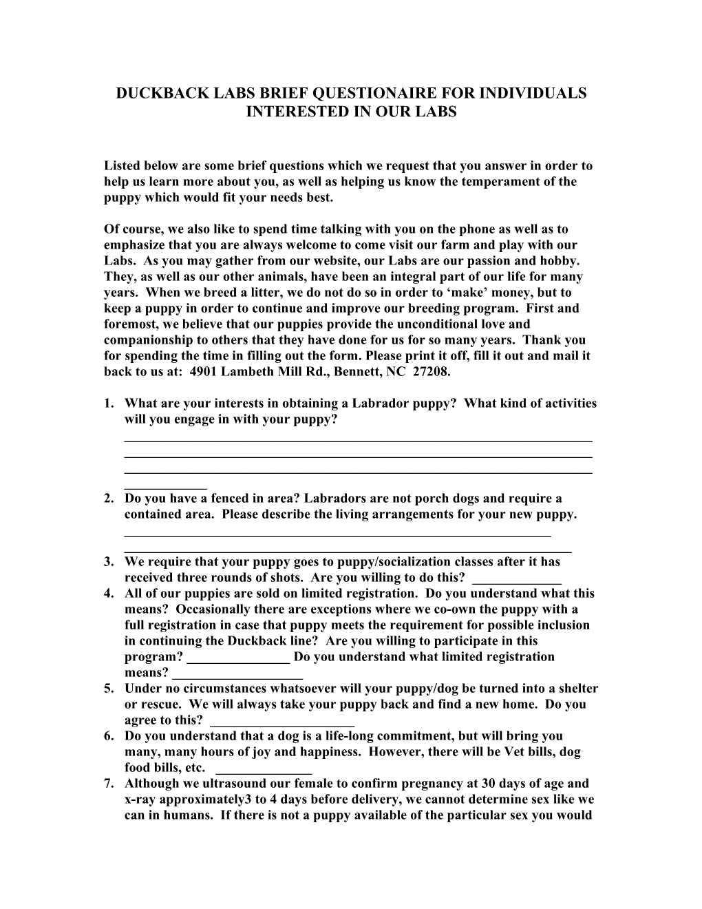 Duckback Labs Brief Questionaire for Individuals Interested in Our Labs