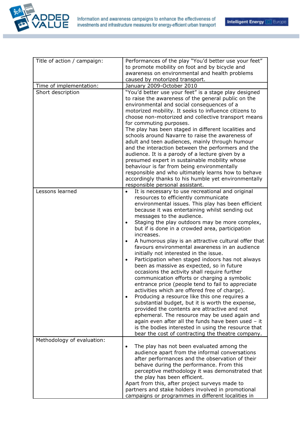 Evaluation of Added Value Activities