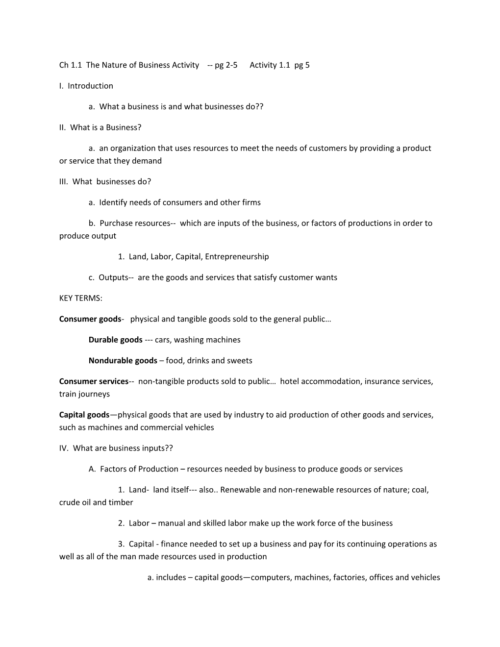 Ch 1.1 the Nature of Business Activity Pg 2-5 Activity 1.1 Pg 5