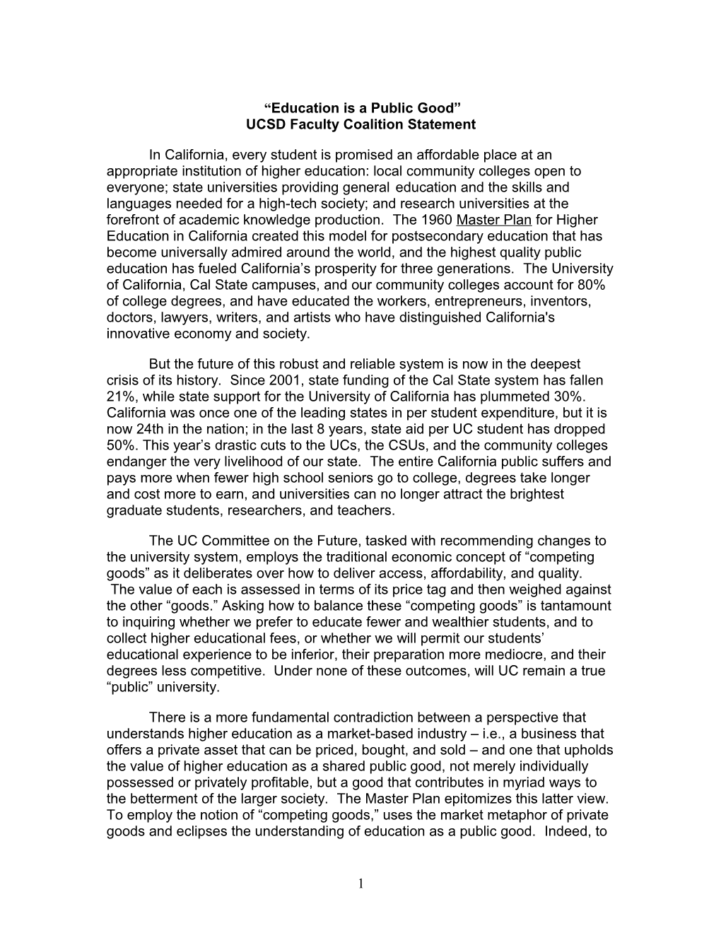 UCSD Faculty Coalition Statement