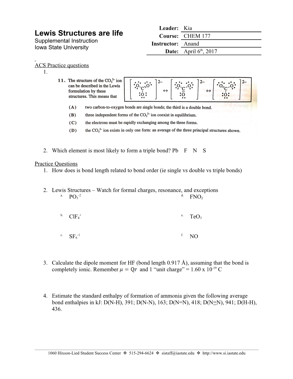 2. Which Element Is Most Likely to Form a Triple Bond? Pb F N S