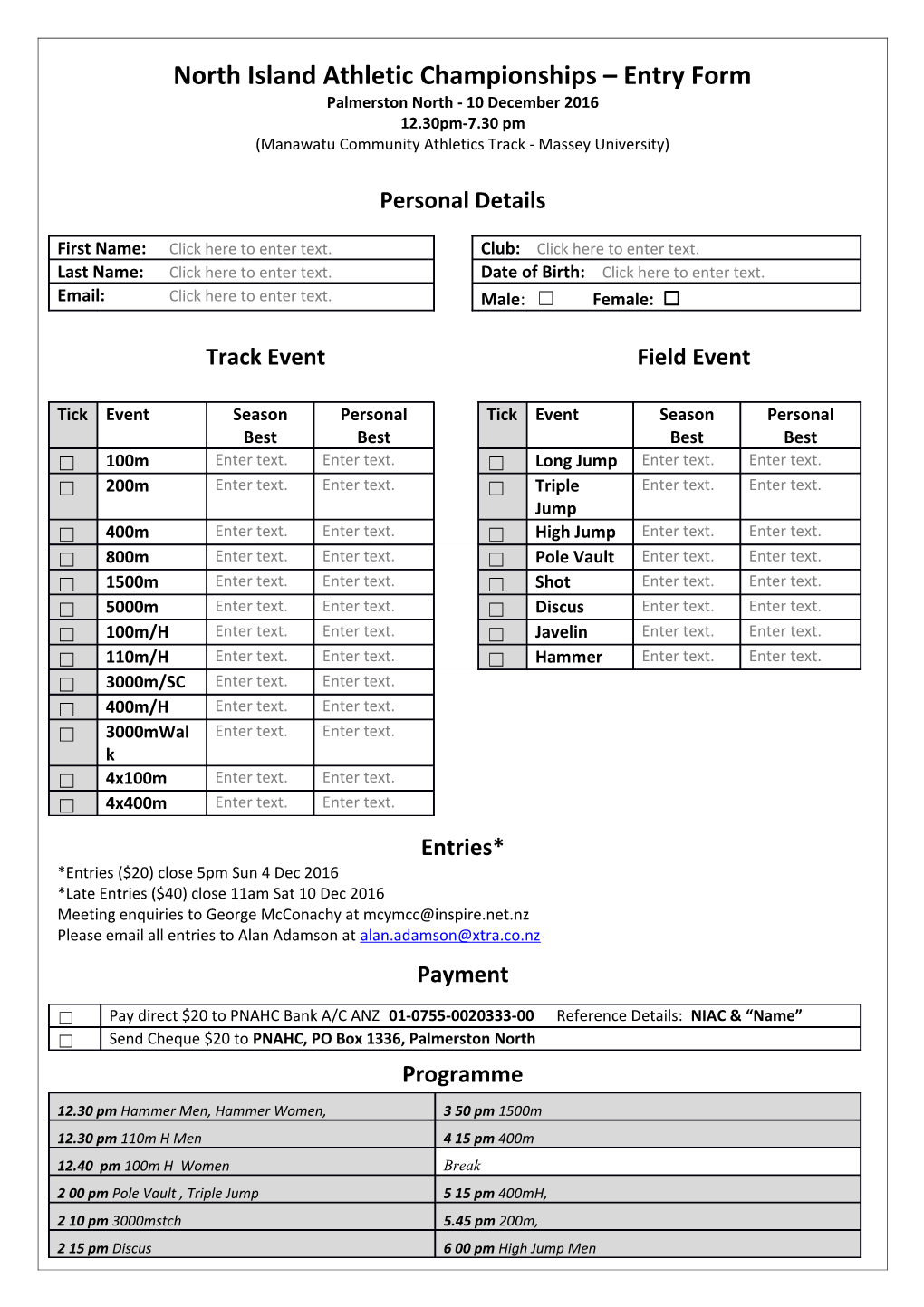 North Island Athletic Championships Entry Form