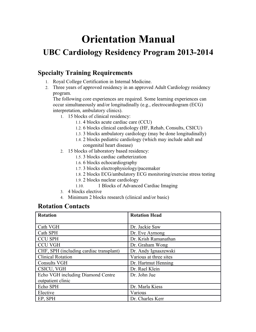 UBC Cardiology Residency Program 2013-2014