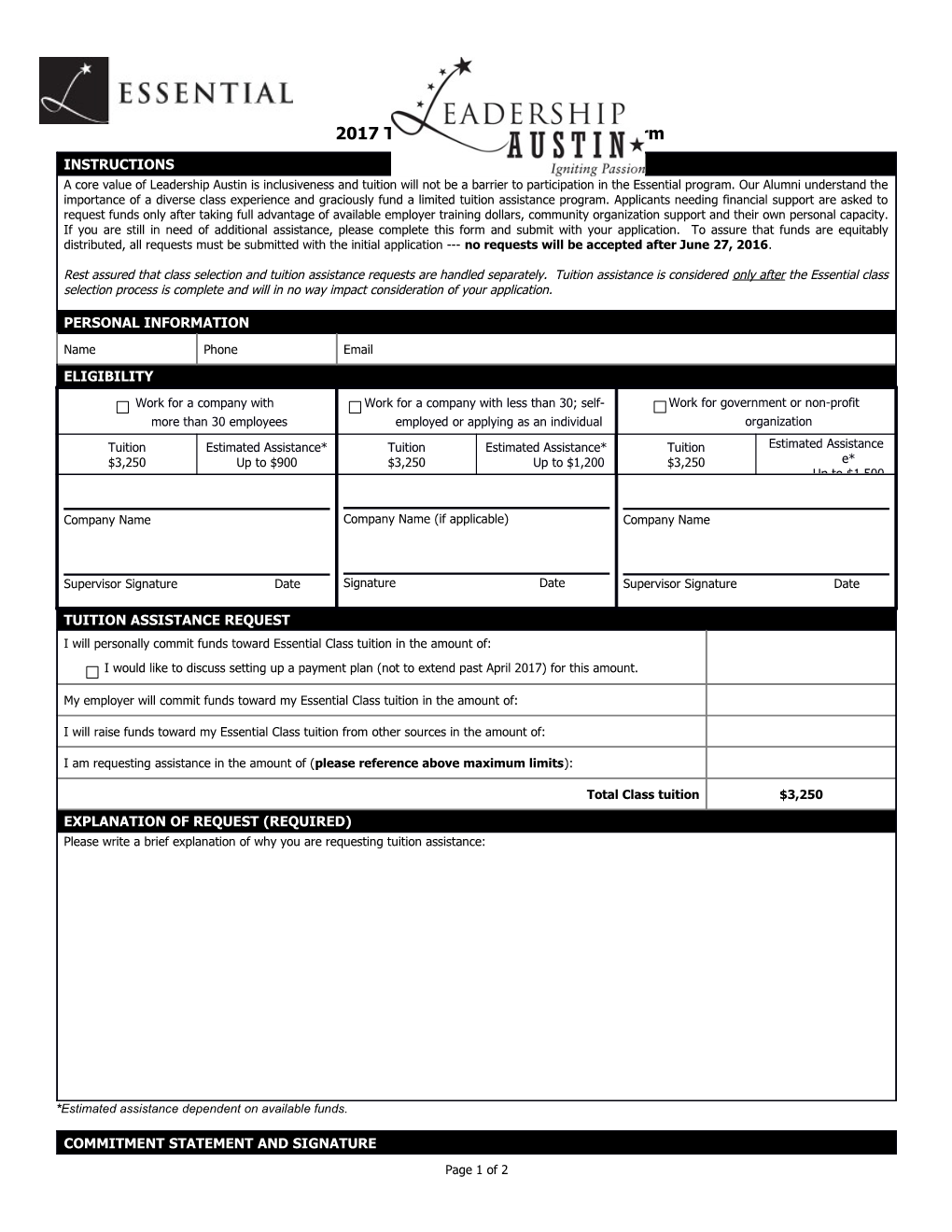 2017 Tuition Assistance Request Form