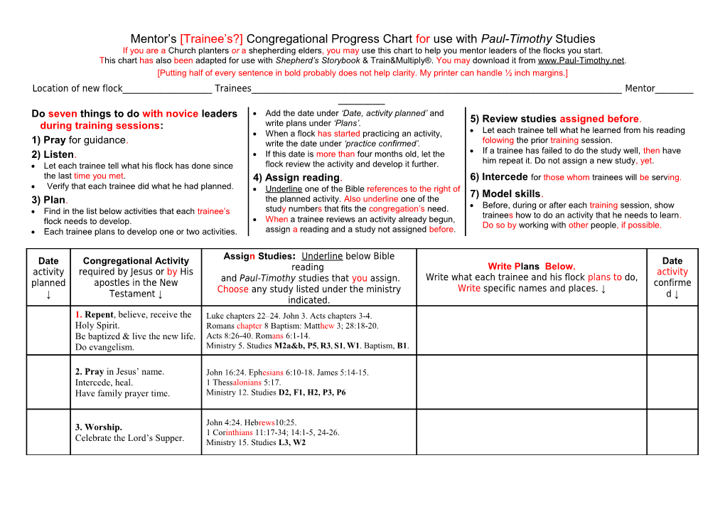 Paul-Timothy Mentor S Congregational Progress Chart