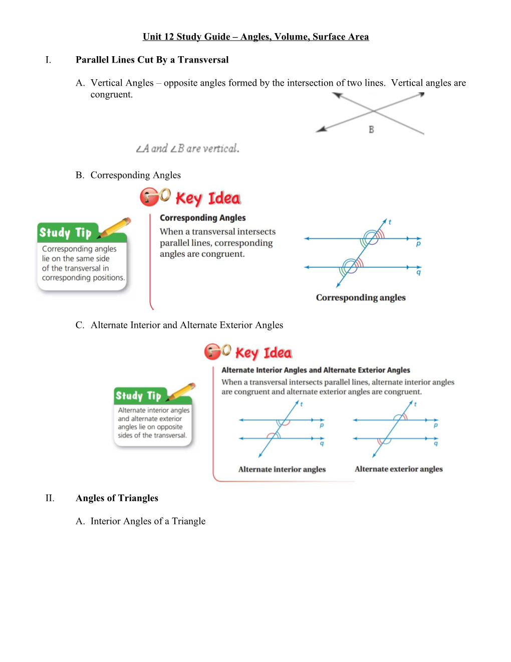 Unit 12 Study Guide Angles, Volume, Surface Area