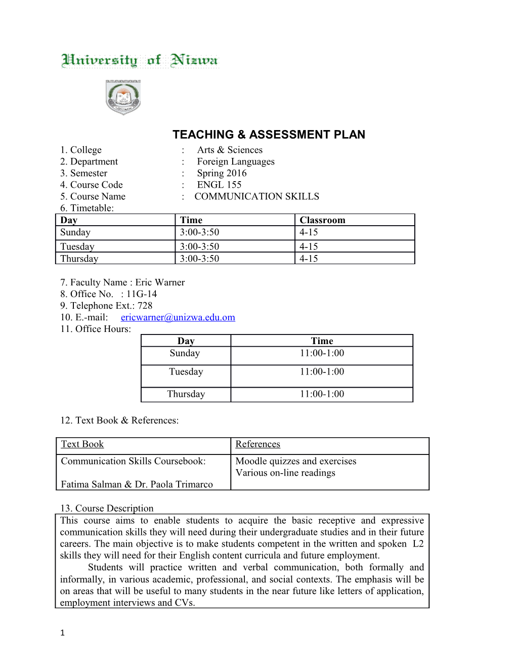 Teaching & Assessment Plan s1