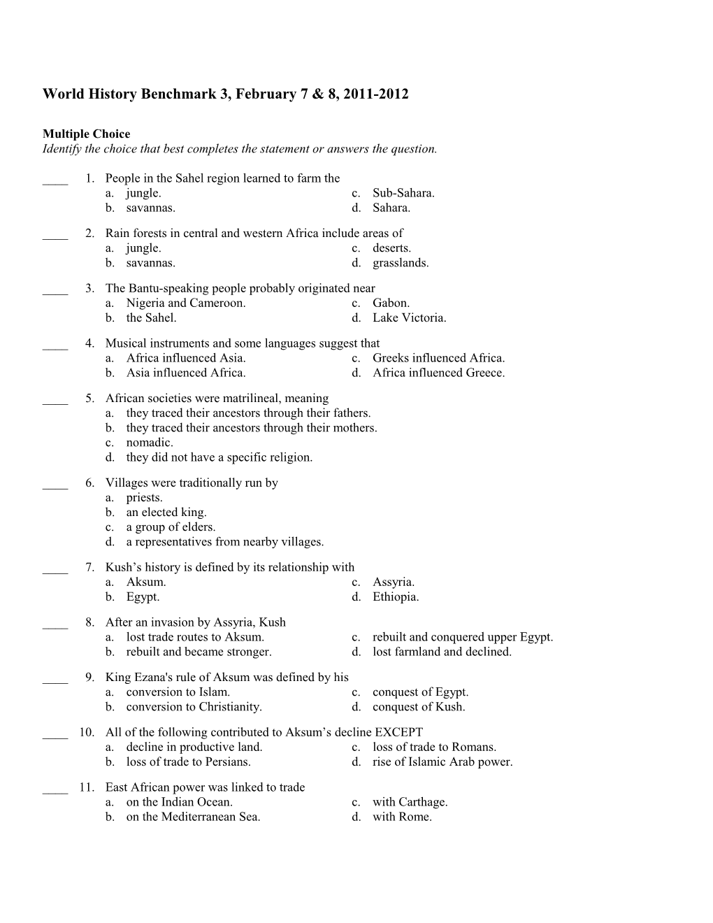 World History Benchmark 3, February 7 & 8, 2011-2012