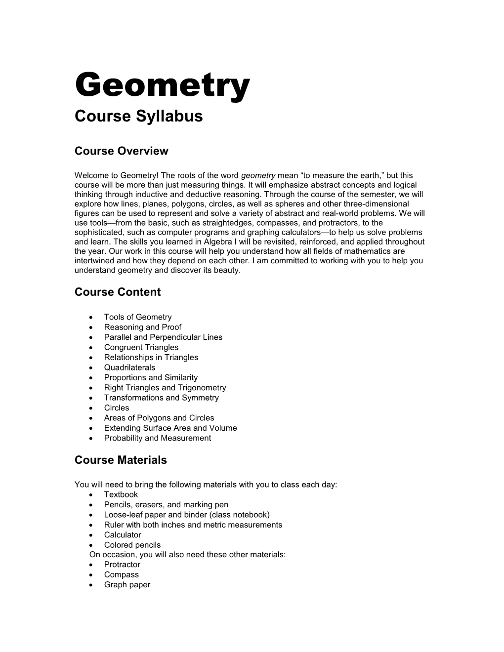 Model Course Syllabus Geometry