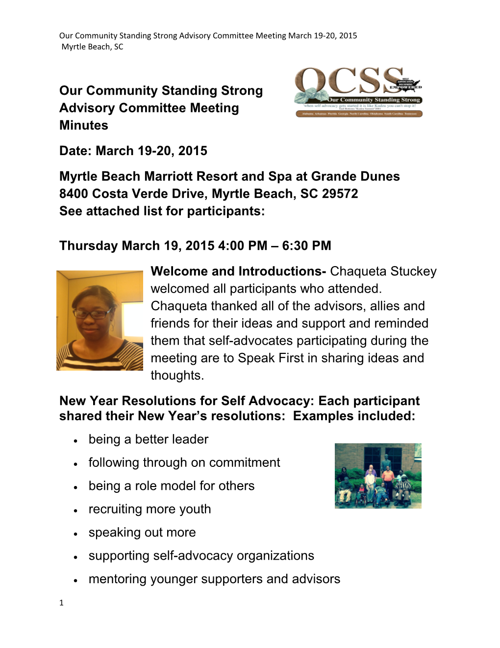 Our Community Standing Strong Advisory Committee Meeting Minutes