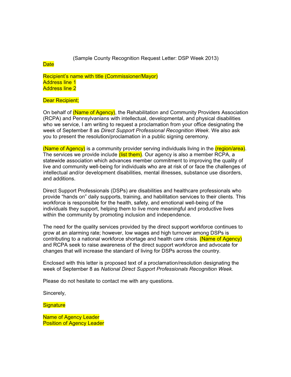Sample County Recognition Request Letter: DSP Week 2012