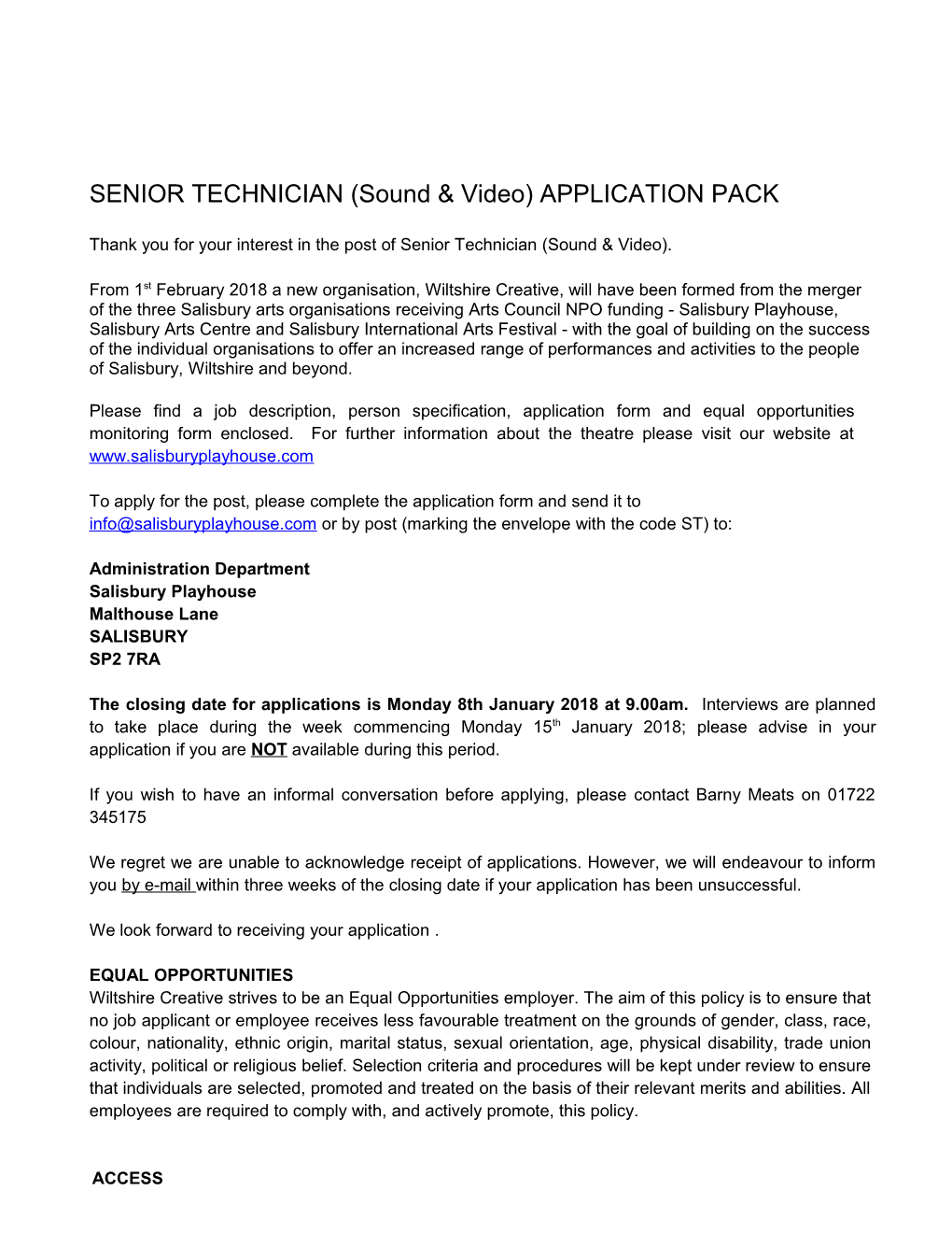 SENIOR TECHNICIAN (Sound & Video) APPLICATION PACK