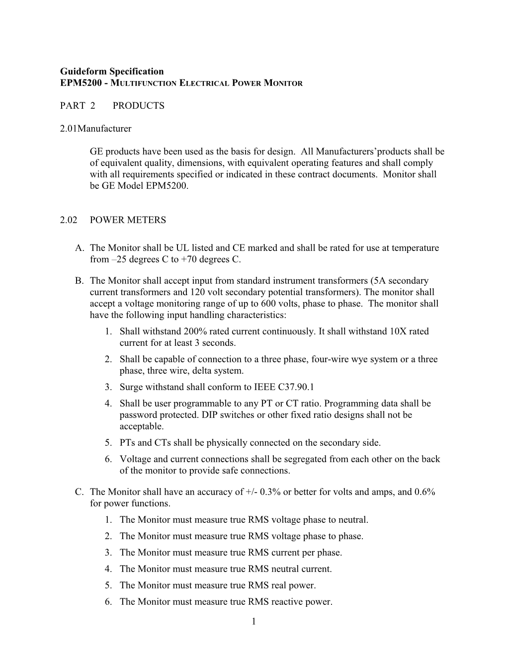 Generic Spec for Multifunction Electrical Power Monitoring with Mass Memory for Historical s3