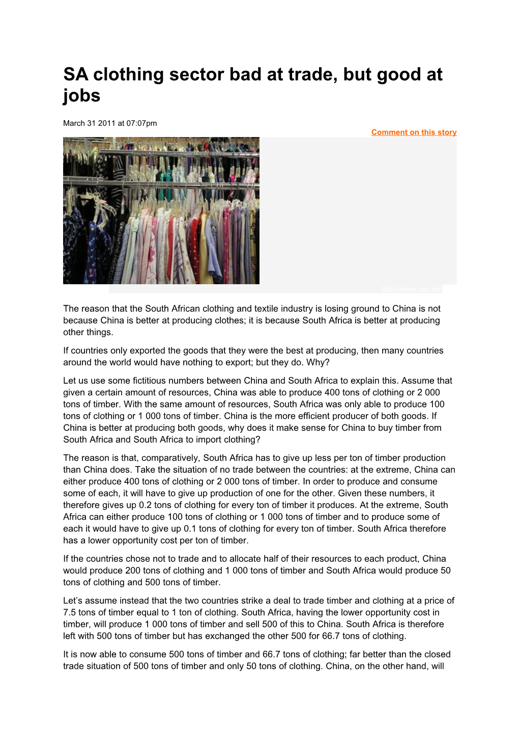 SA Clothing Sector Bad at Trade, but Good at Jobs