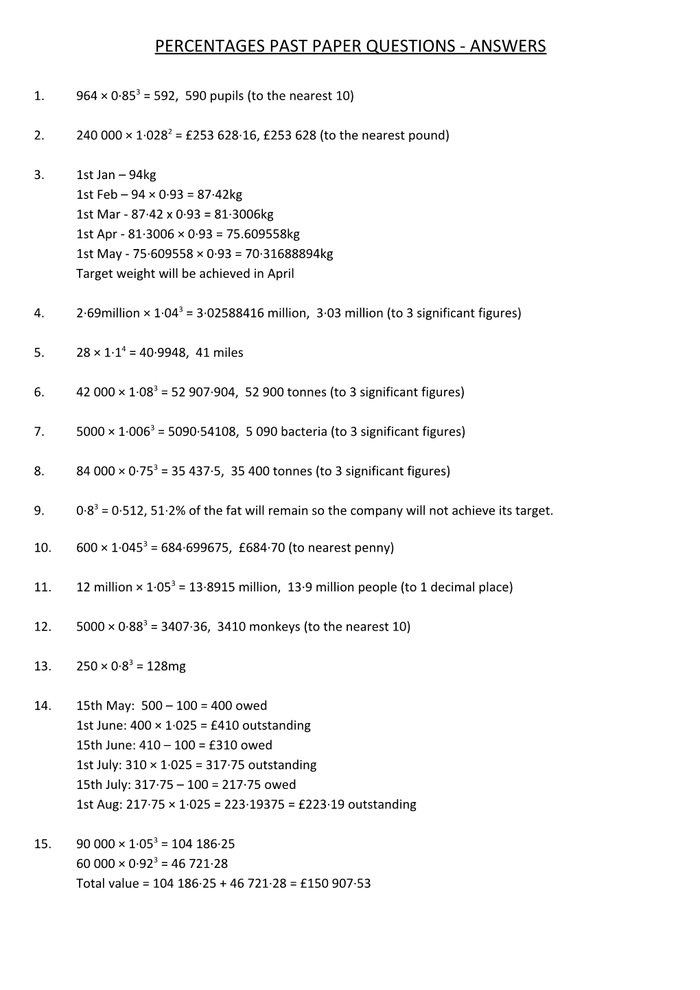 Percentages Past Paper Questions - Answers