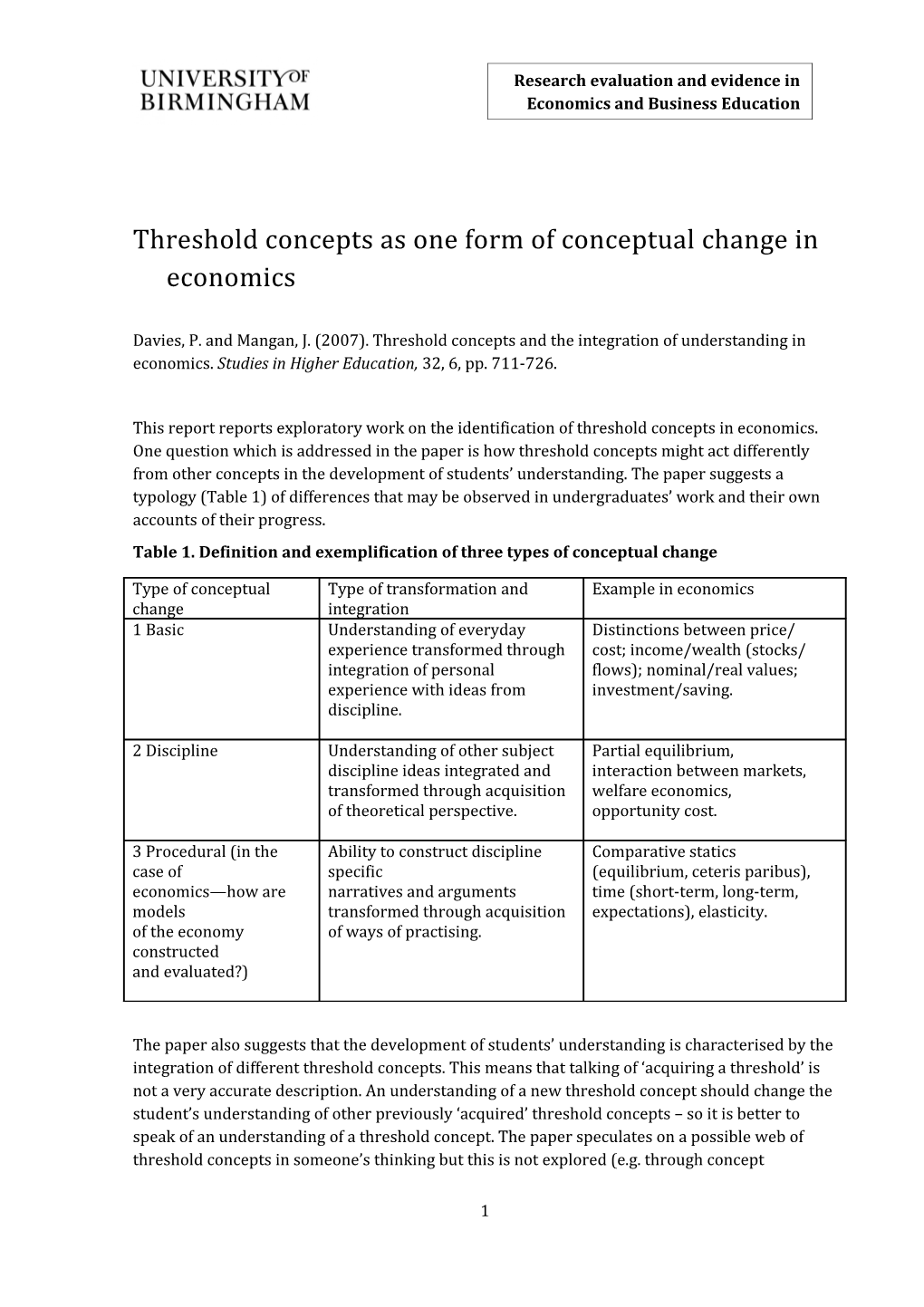 Threshold Concepts As One Form of Conceptual Change in Economics