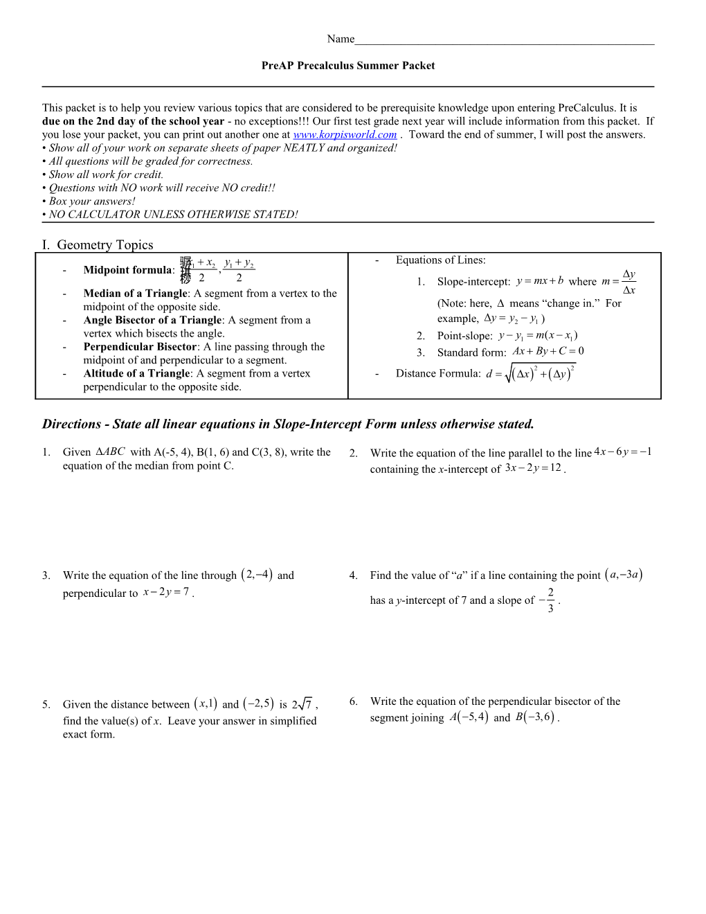 Preap Precalculus Summer Packet