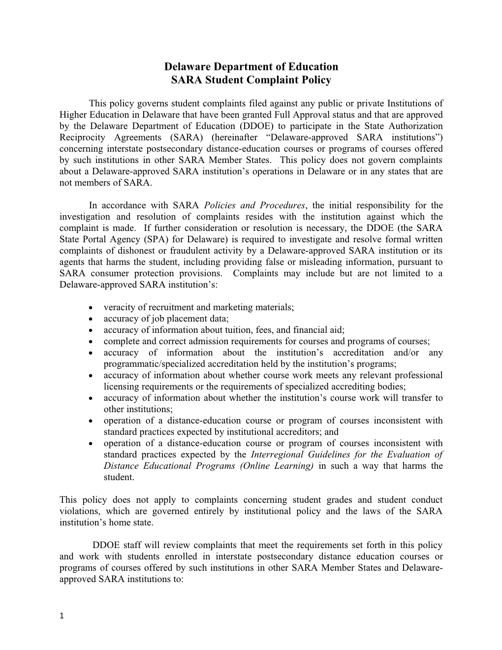 SARA Student Complaint Policy