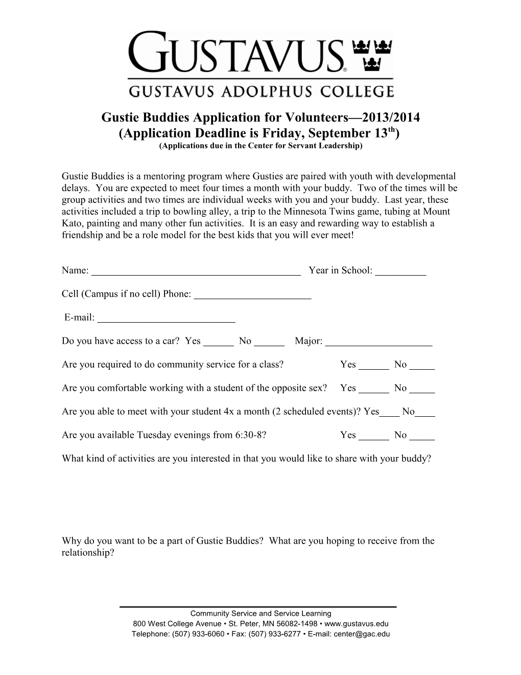 Gustie Buddies Application for Volunteers 2013/2014