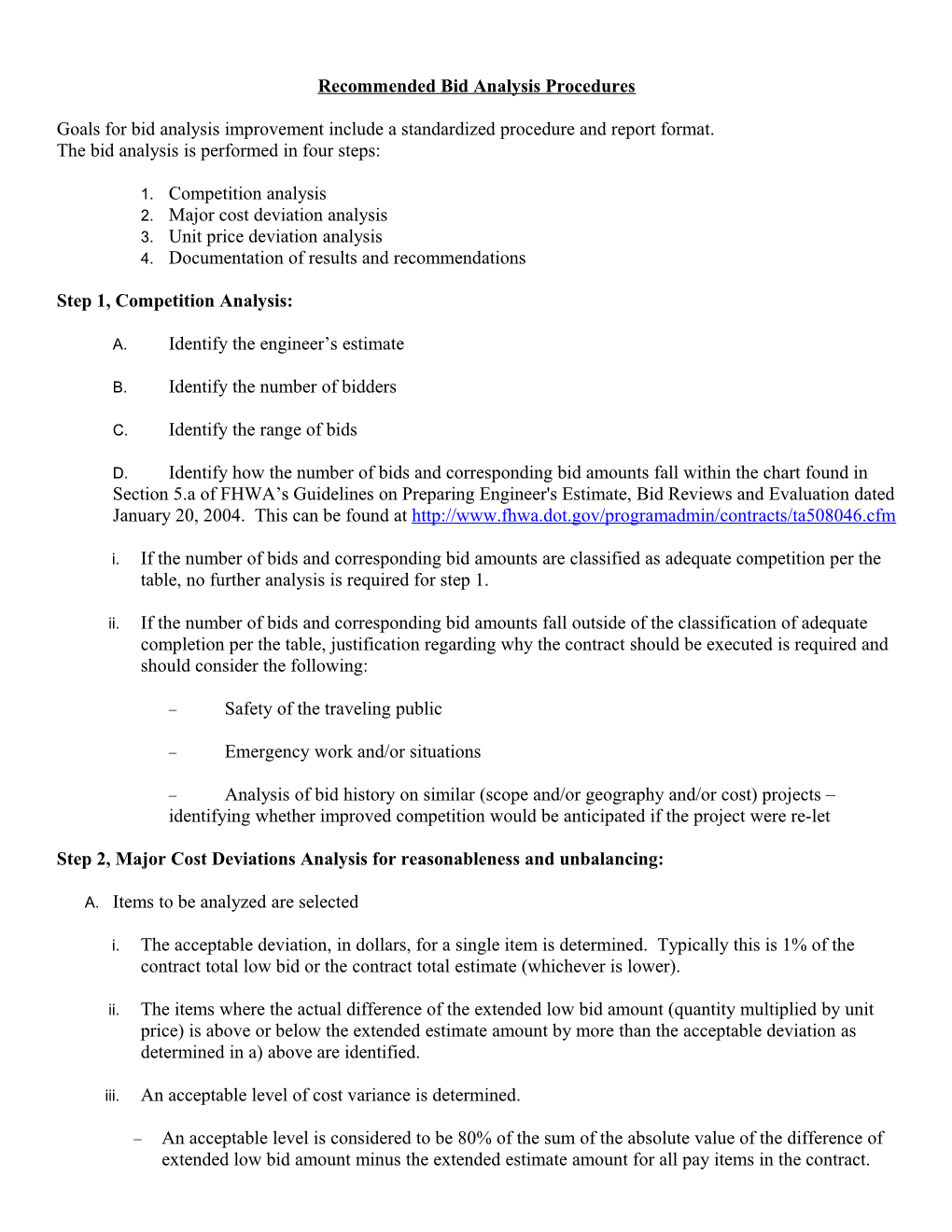 Recommended Bid Analysis Procedures