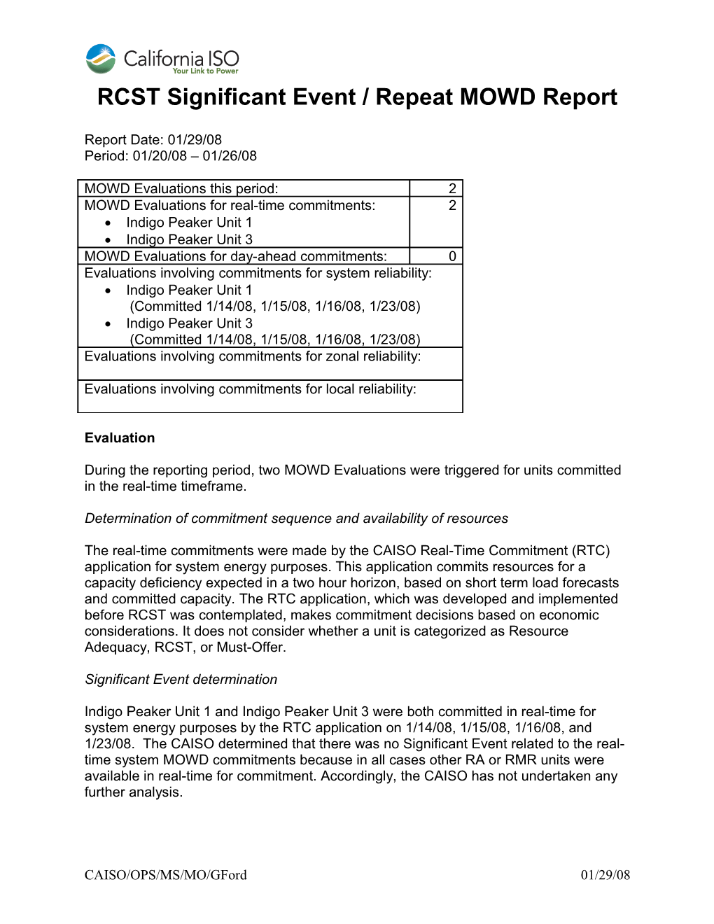 Significant Event Report for 26-Jan-2008