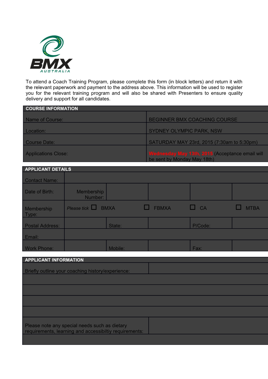 COURSE COST: $50.00 (NSW BMX Club Members)