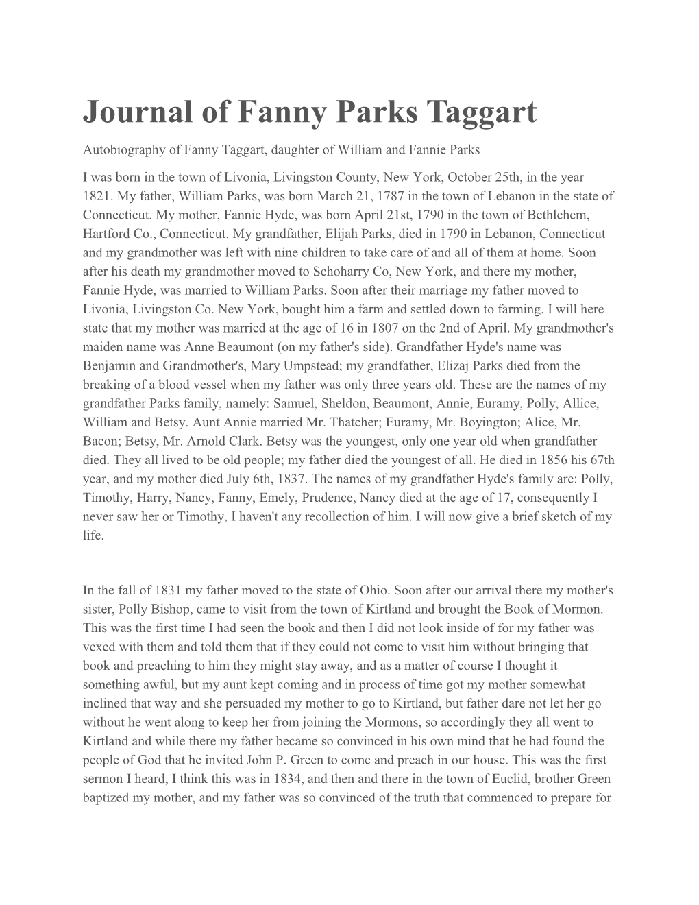 Journal of Fanny Parks Taggart