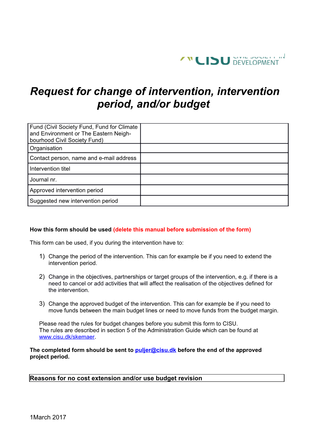 Request for Change of Intervention, Intervention Period, And/Or Budget