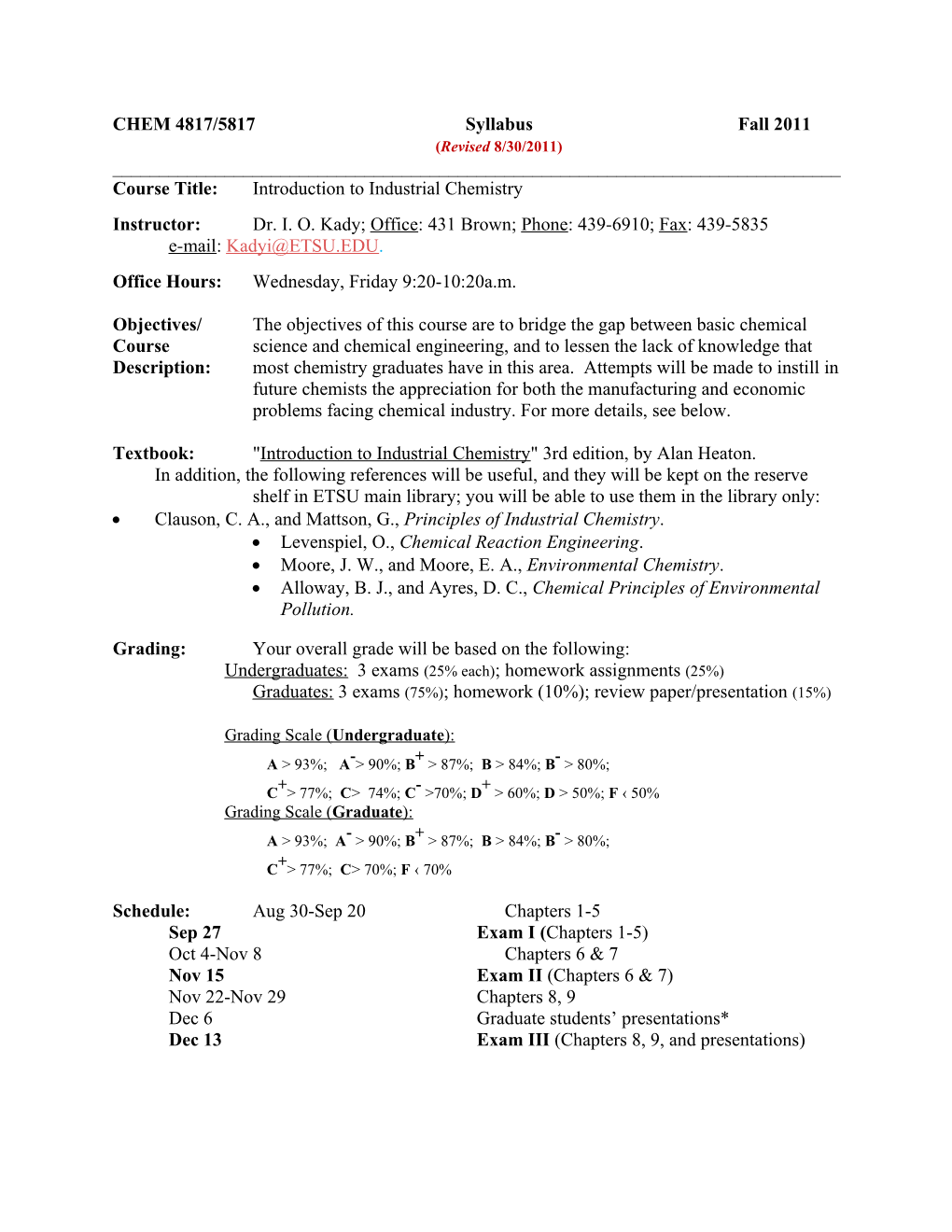 CHEM 4817/5817 Syllabus Fall 2011 (Revised 8/30/2011)