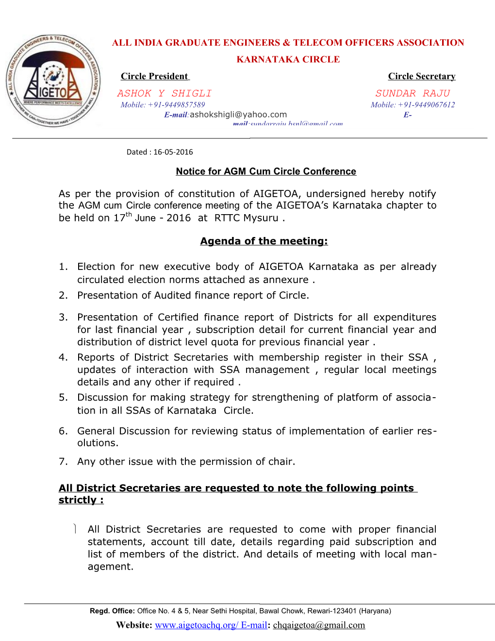 Notice for AGM Cum Circle Conference