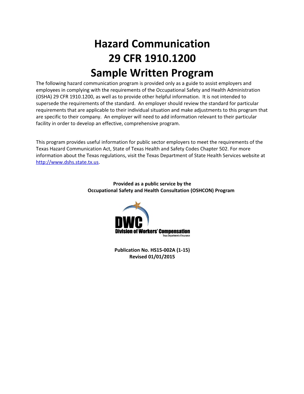 Hazard Communication29 CFR 1910.1200Sample Written Program