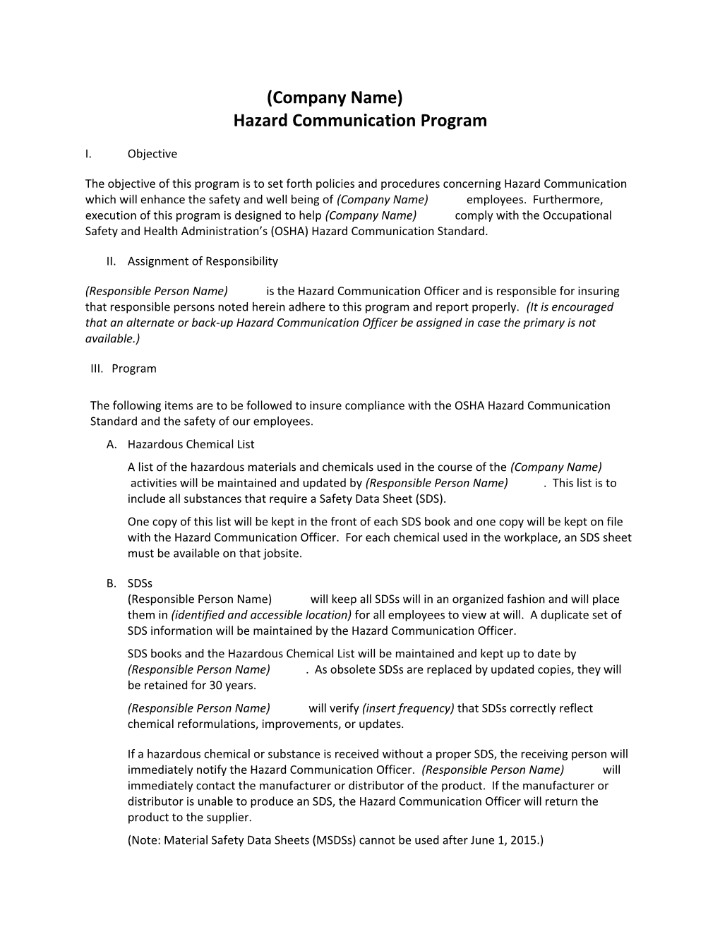 Hazard Communication29 CFR 1910.1200Sample Written Program