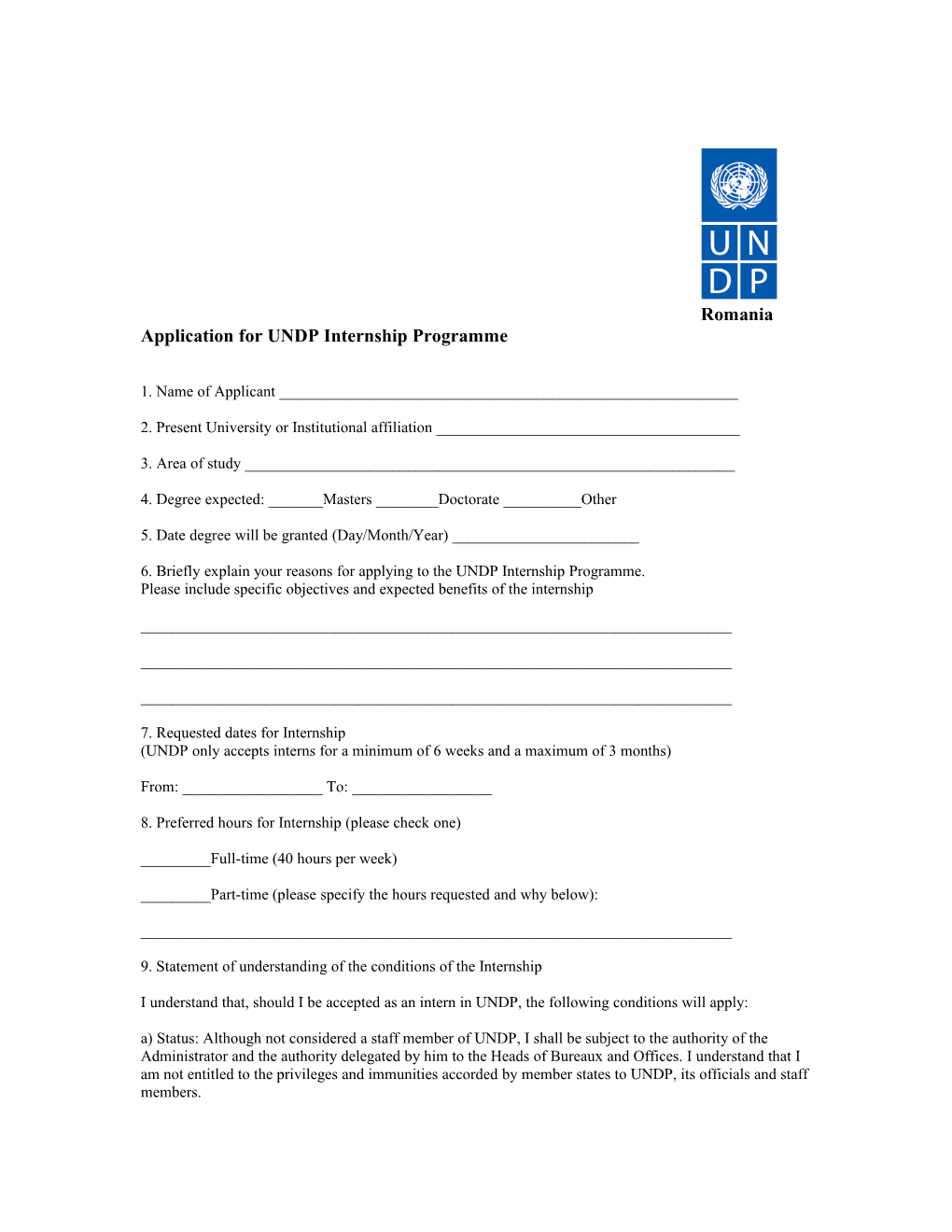 Application for UNDP Internship Programme