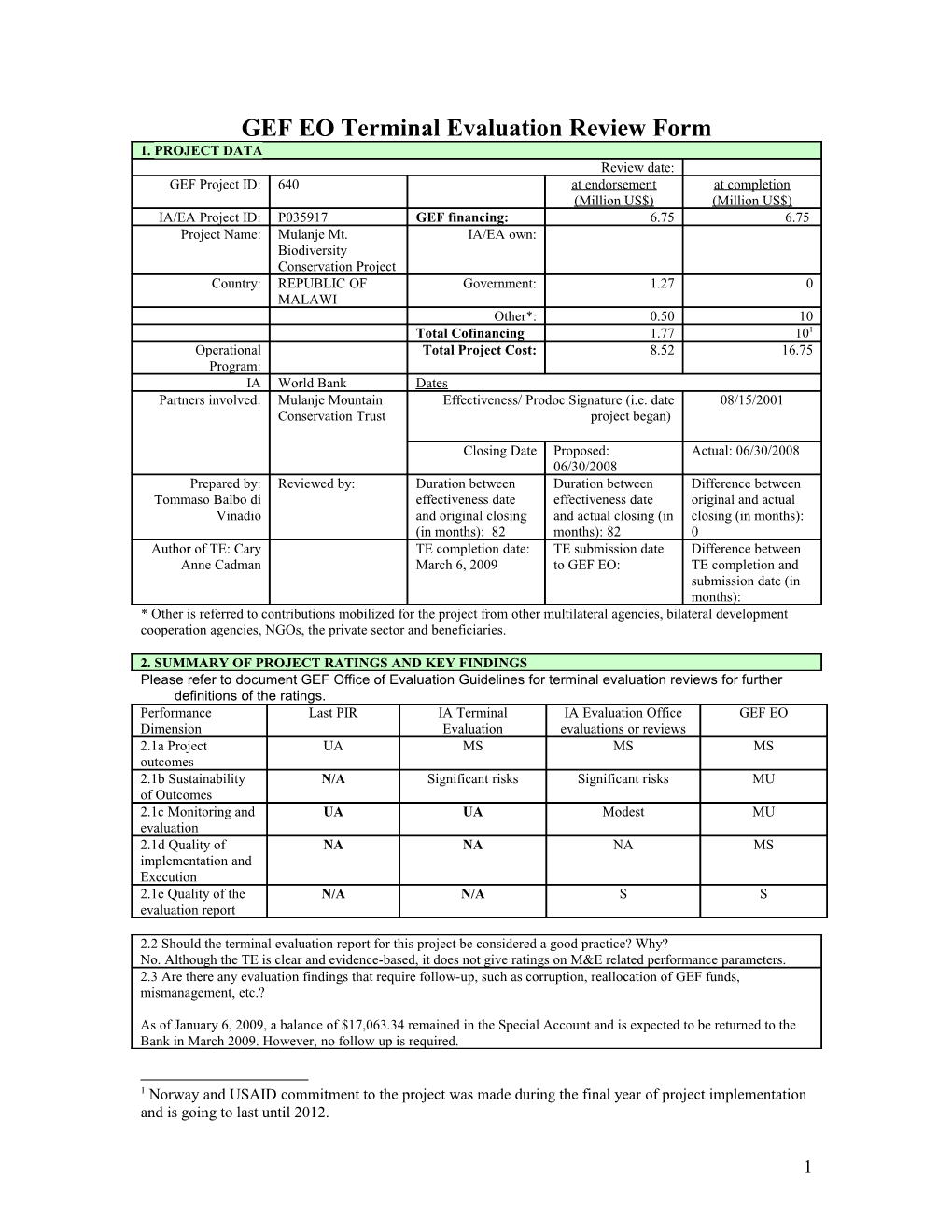 GEF EO Verification Evaluation Review Form