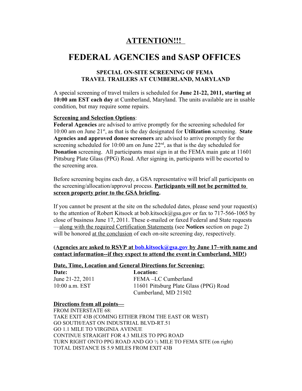 FEDERAL AGENCIES and SASP OFFICES