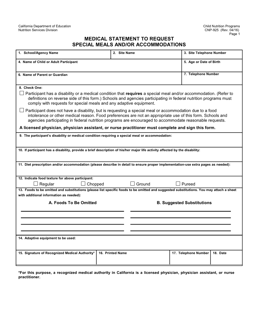 Medical Statement Form - USDA Civil Rights (CA Dept of Education) s1