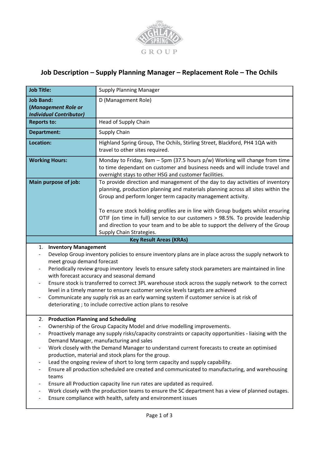 Job Description Supply Planning Manager Replacement Role the Ochils