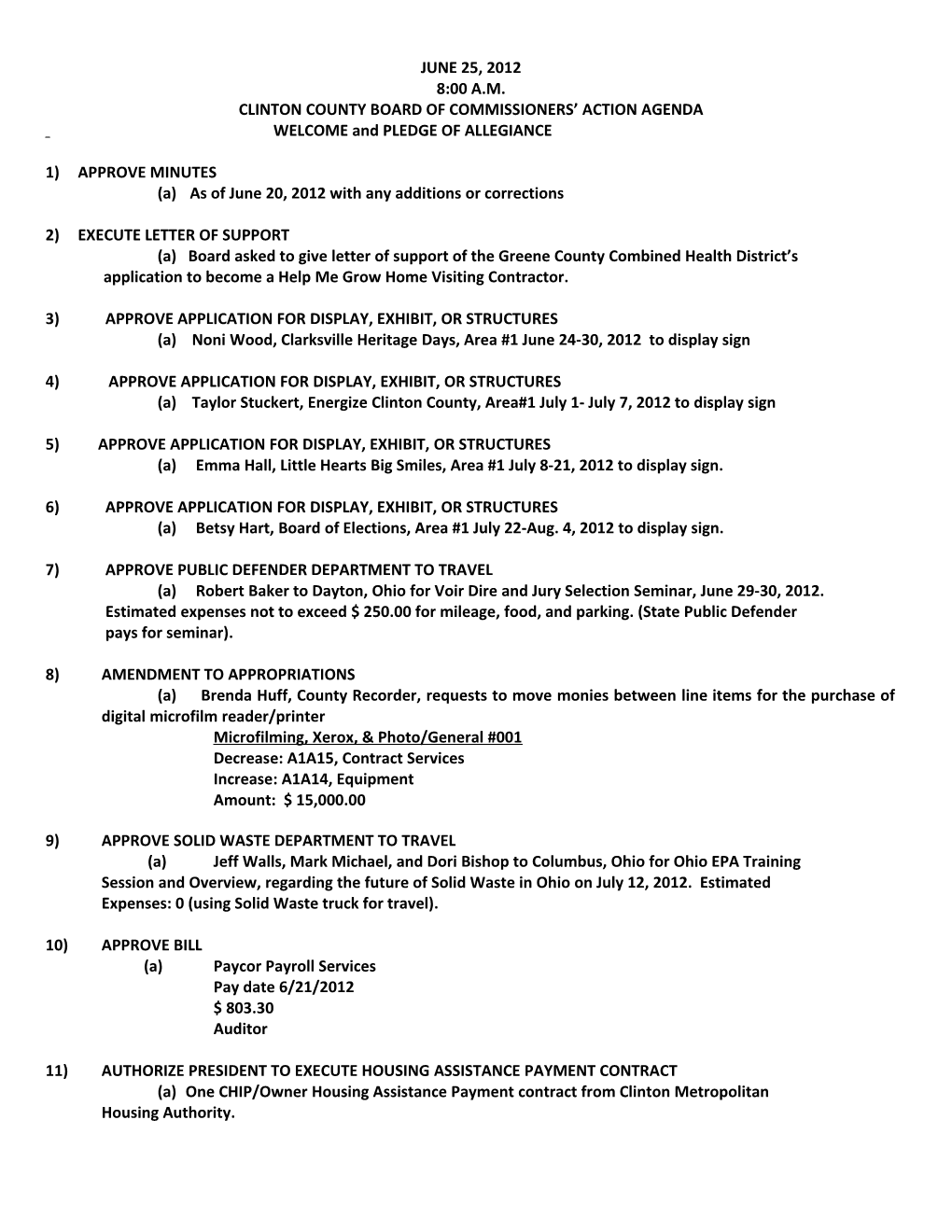 Clinton County Board of Commissioners Action Agenda