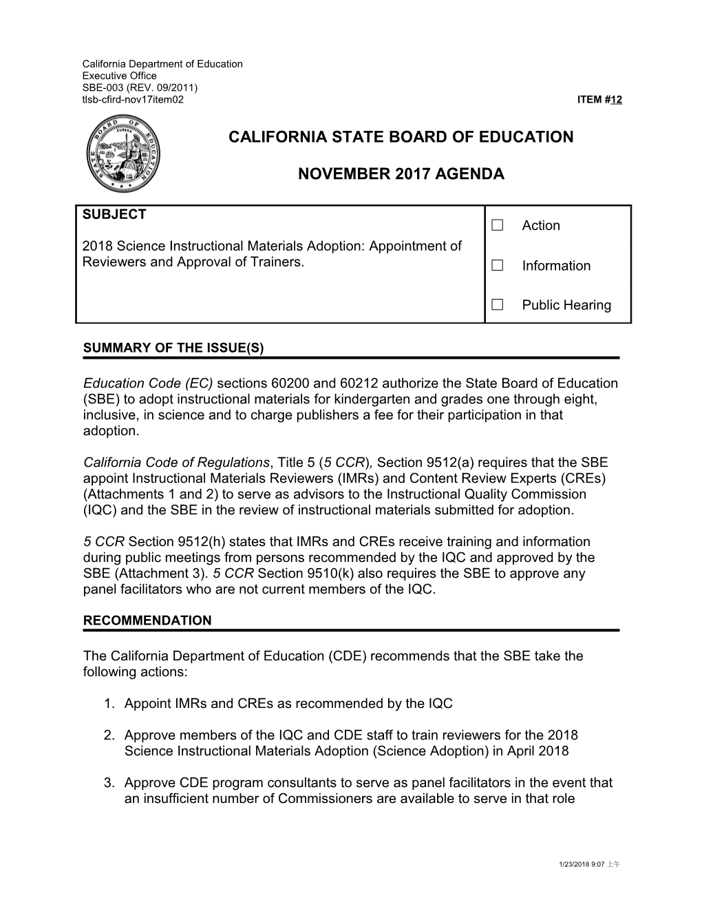 November 2017 Agenda Item 12 - Meeting Agendas (CA State Board of Education)