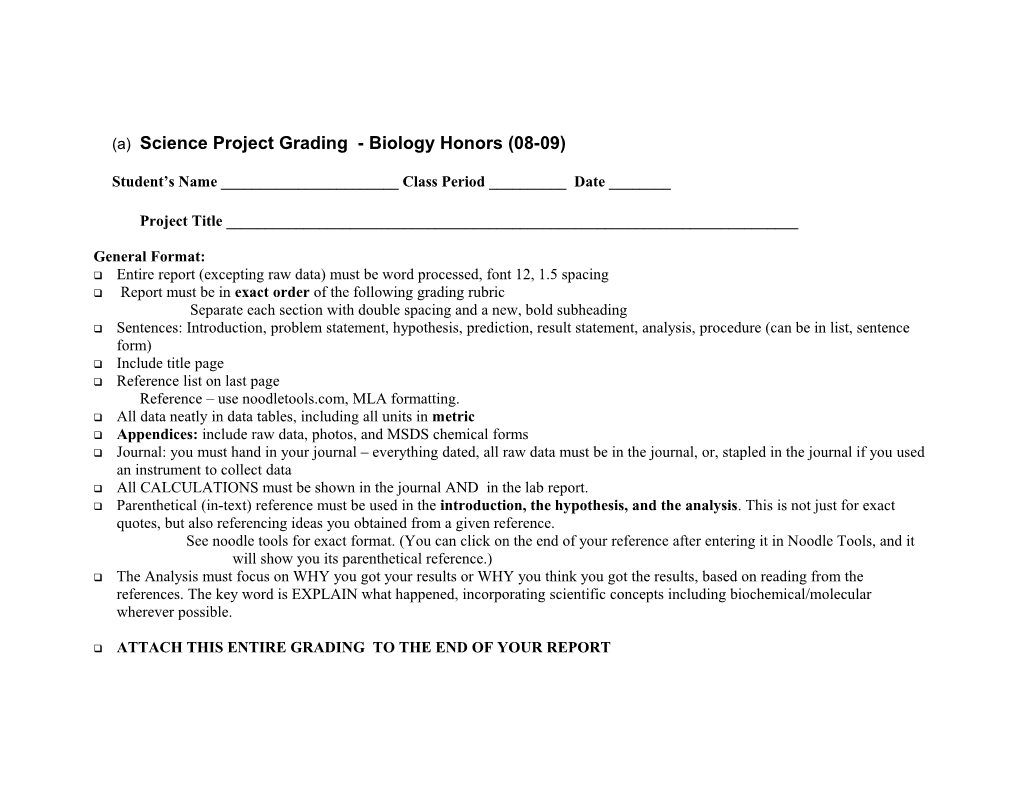 Science Project Grading - Biology Honors (04-05)
