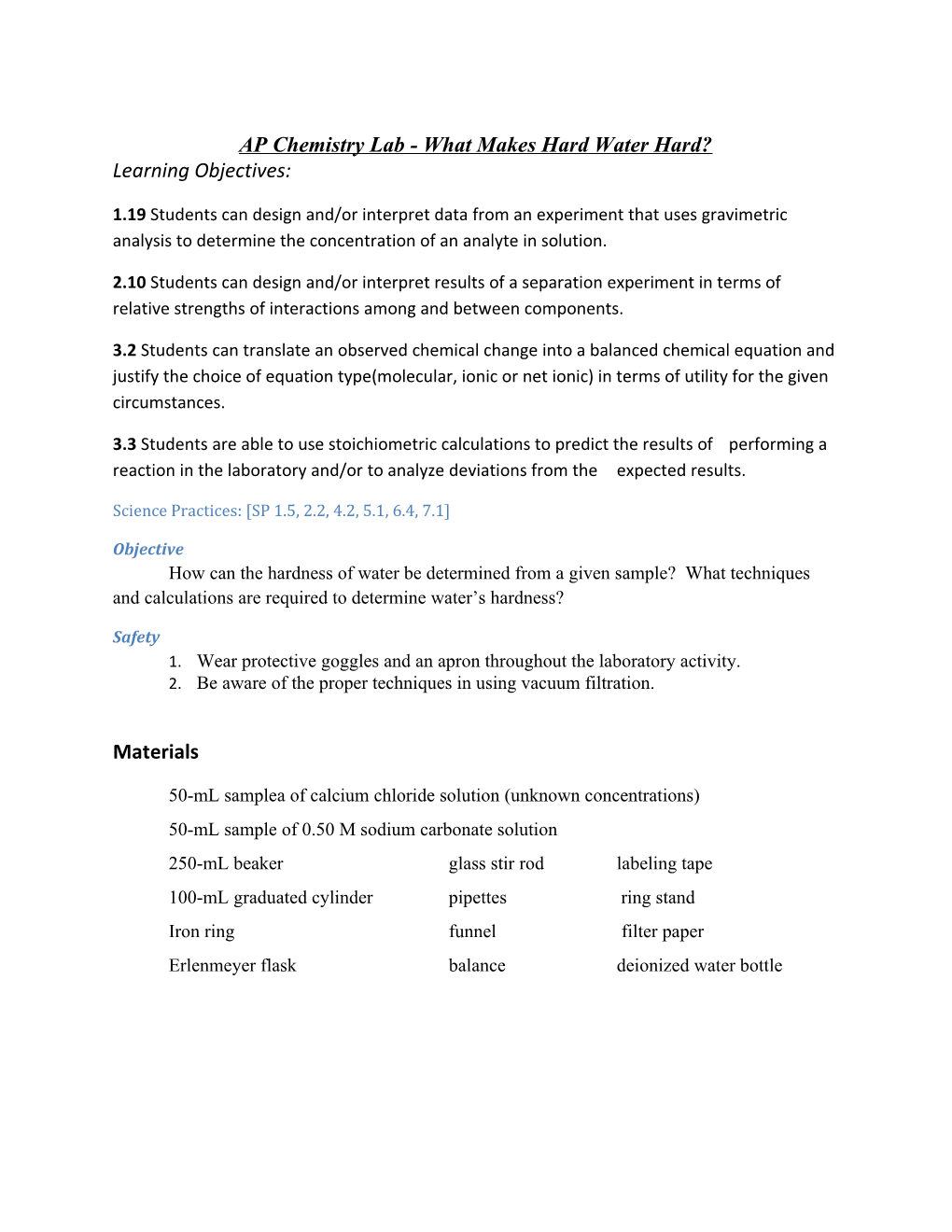 AP Chemistry Lab - What Makes Hard Water Hard?