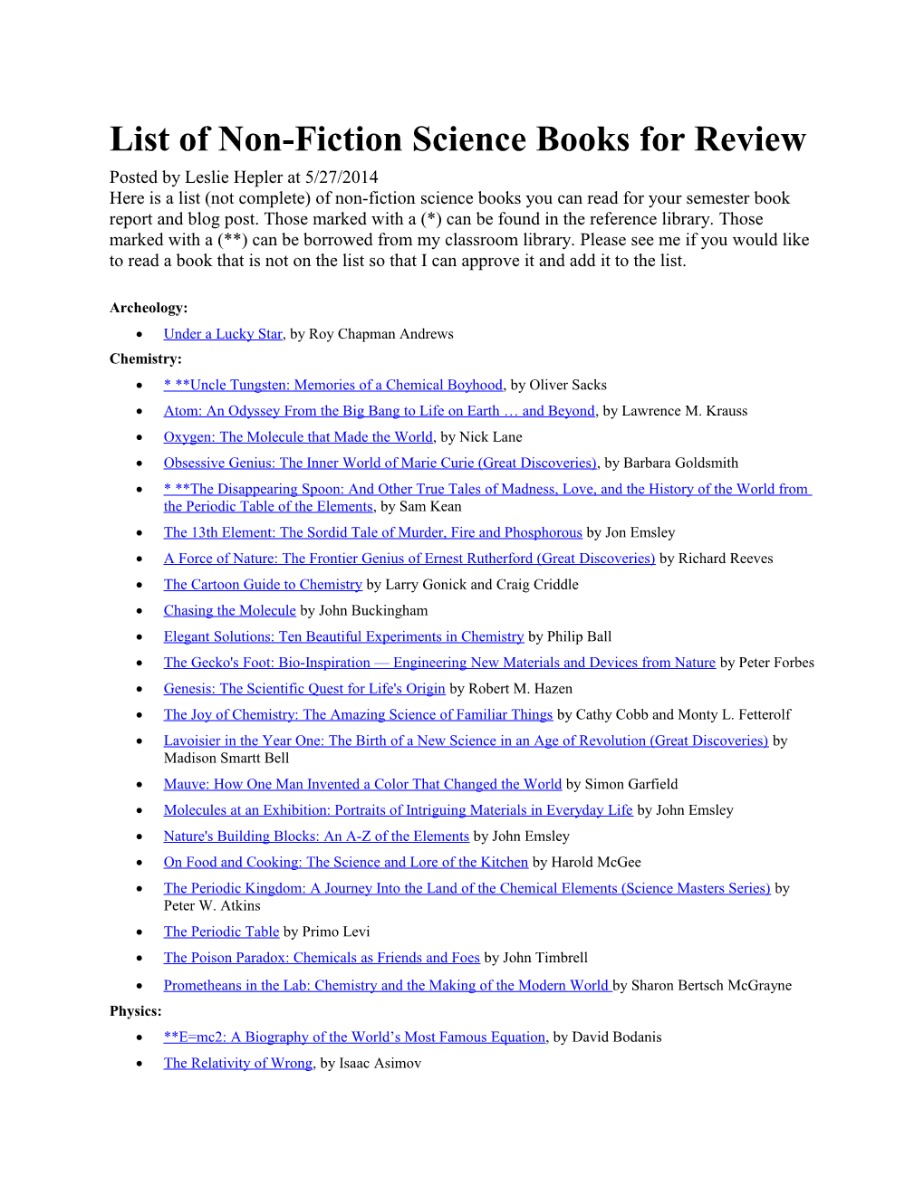 List of Non-Fiction Science Books for Review