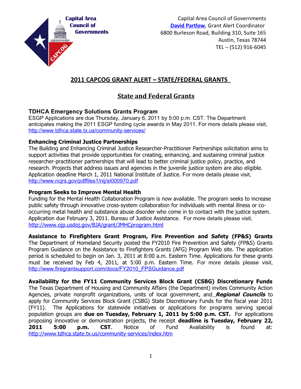 2011 CAPCOG GRANT ALERT STATE/FEDERAL GRANTS State and Federal Grants