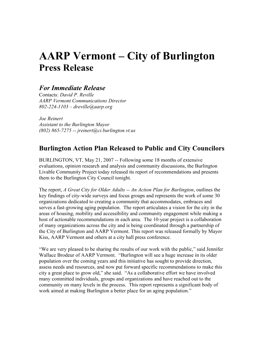 AARP Vermont City of Burlington