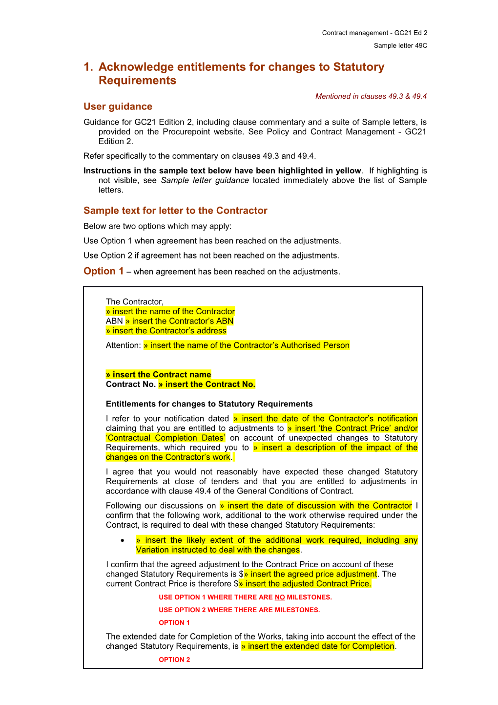 MW21 Sample Letter 7C - Acknowledge Materially Adverse Site Conditions Where No Variation