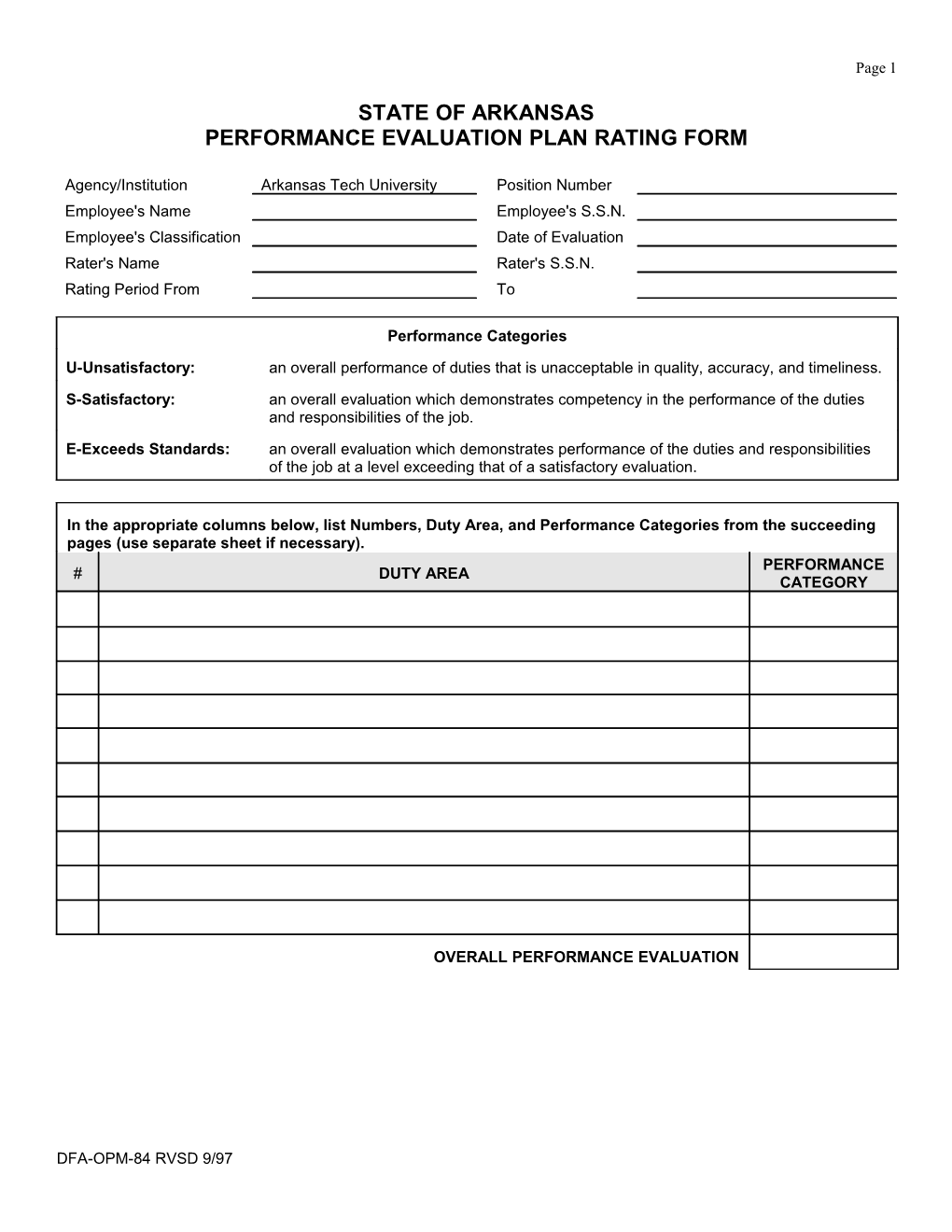 Performance Evaluation Plan Rating Form